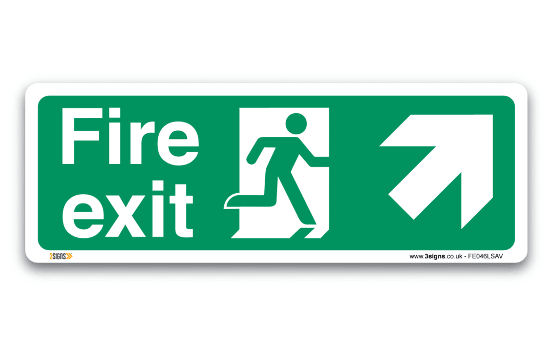 Fire exit arrow right up sign, Health and Safety Emergency Exit signs